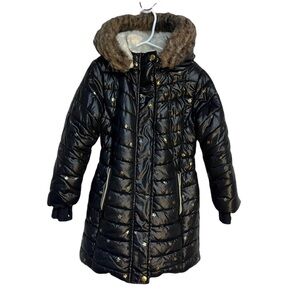 Cat & Jack Black Winter Coat Gold Star Removable Faux Fur Lined Hood Sz XS (4/5)